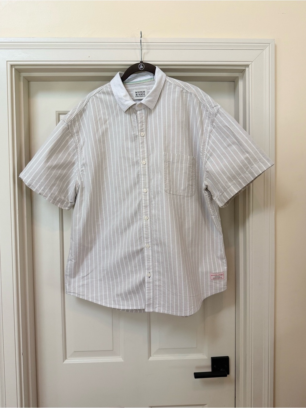 SCOTCH & SODA Men's Short-Sleeve Striped Button-Up Shirt - XL, Khaki & White